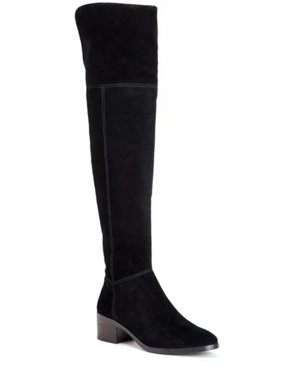 COACH Lucia Split Over The Knee High Boots Suede Tall Block Heeled, Black